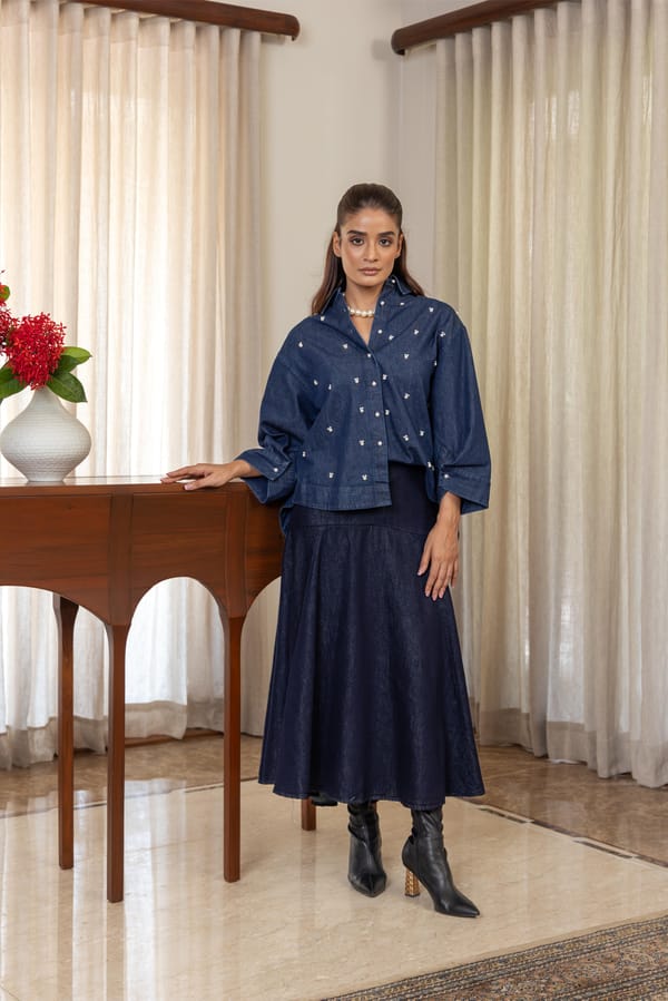 Dark Blue Denim Boxy Shirt with Pearl Accents — Eko Clothing