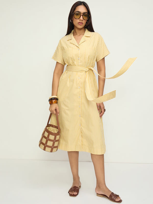 Yellow Stripe Button Down Midi Dress — Femmella