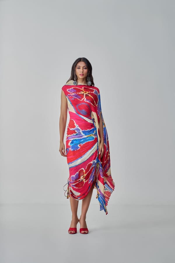 Pink/Red Abstract Micro-Pleated Asymmetrical Midi Dress — Saaksha and Kinni