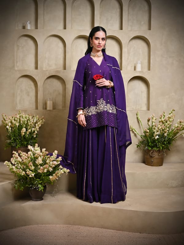 Deep Purple Tara Kurta With Palazzo & Dupatta — KOMAL SHAH