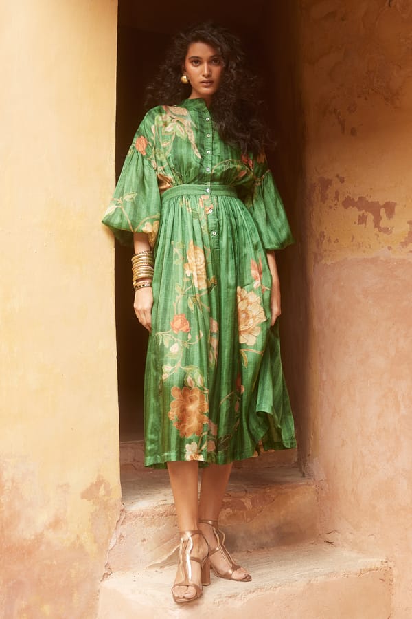 Green Stripe Floral Maxi Dress — Paulmi and Harsh