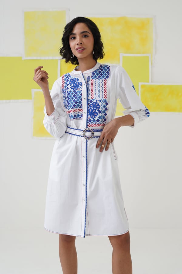 White Cotton Embroidered Shirt Dress with Belt — STITCH STORIES