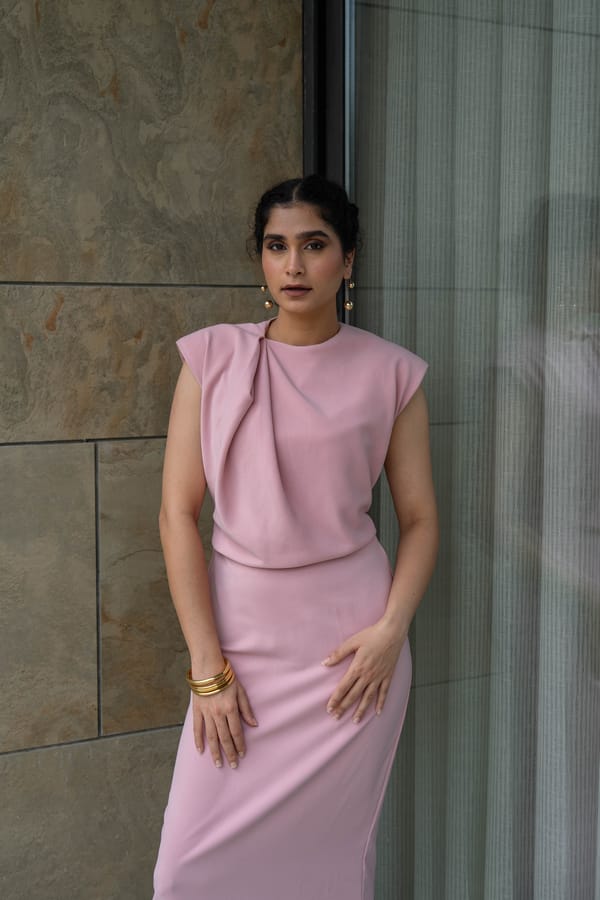 Salmon Pink Crepe Maxi Dress with Structured Shoulders — Unrush
