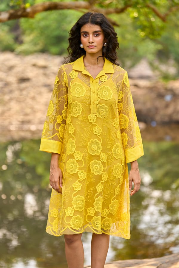 Yellow Lace A-Line Midi Shirt Dress with Slip — Dash and Dot
