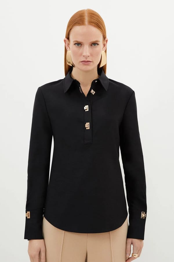 Black Collared Hardware-Button Placket Shirt — KAREN MILLEN