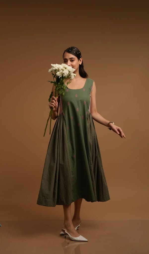 Green Floral Panelled Fit and Flare Midi Dress — D Mak