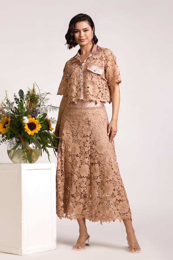 Beige Lace A-Line Midi Skirt — AVERIE