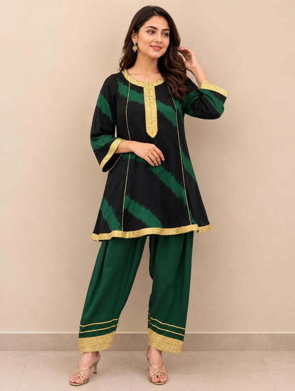 Tie & Dye Green and Black  colour  with Sucha Lappa and Kashmiri Kali work on pure modal satin  with pakistani salwar — SMAYA by Monica