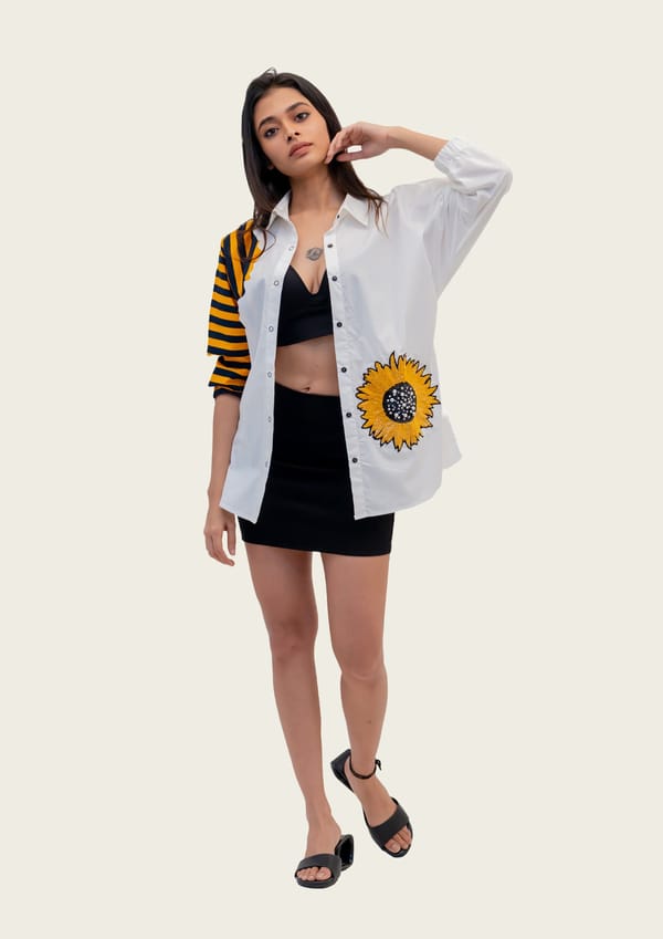 White Cotton Striped Shirt with Embroidery — Richa Goenka