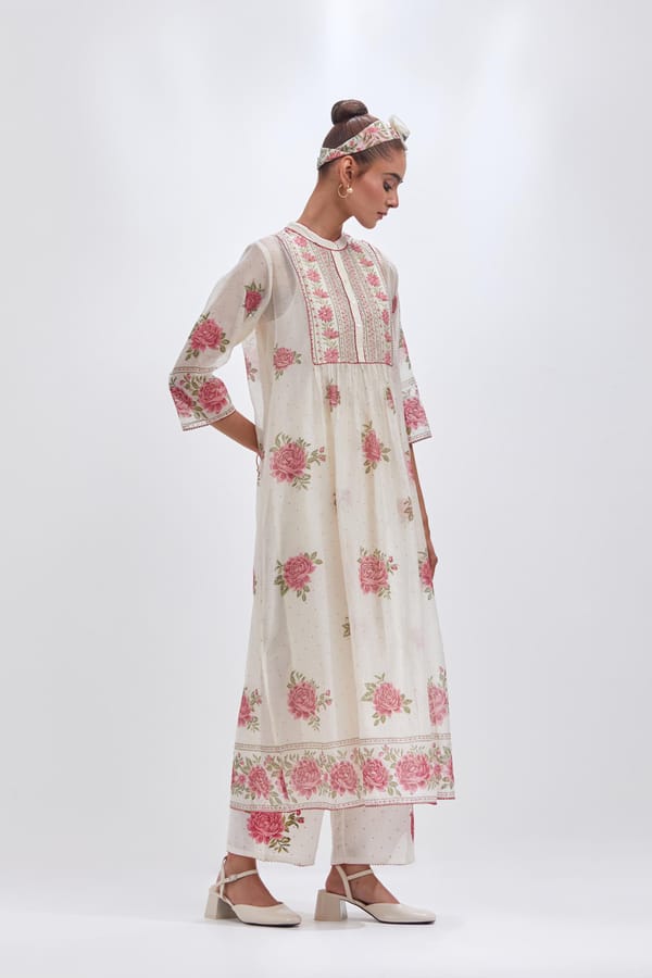 Off-White Floral Cotton Chanderi Kurta Set with Dupatta — Upavita