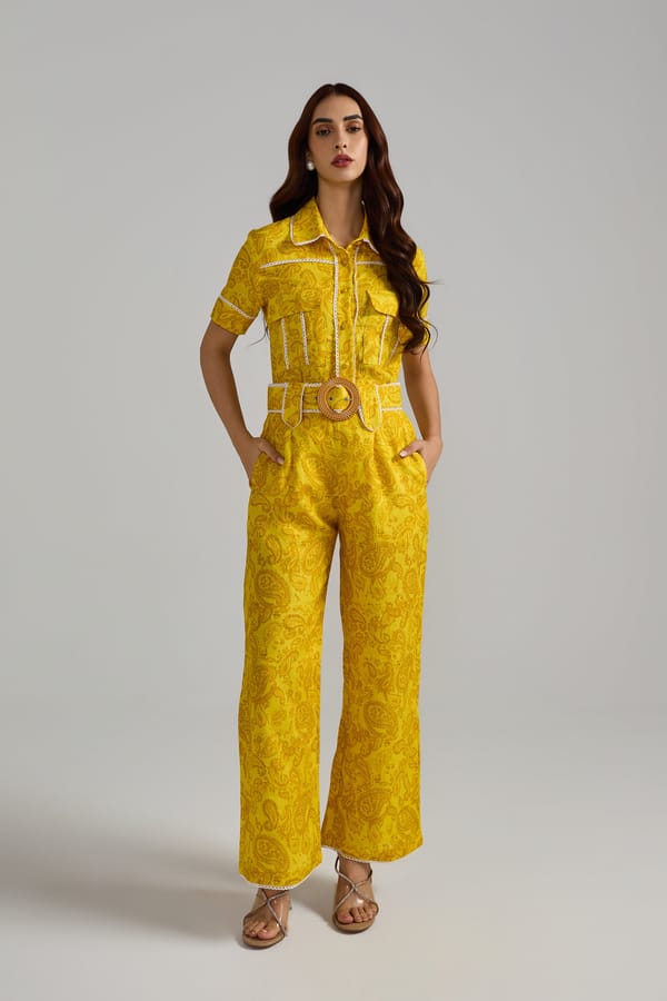 Yellow Linen Paisley Utility Co-ord Set with Belt — Prink Tonic