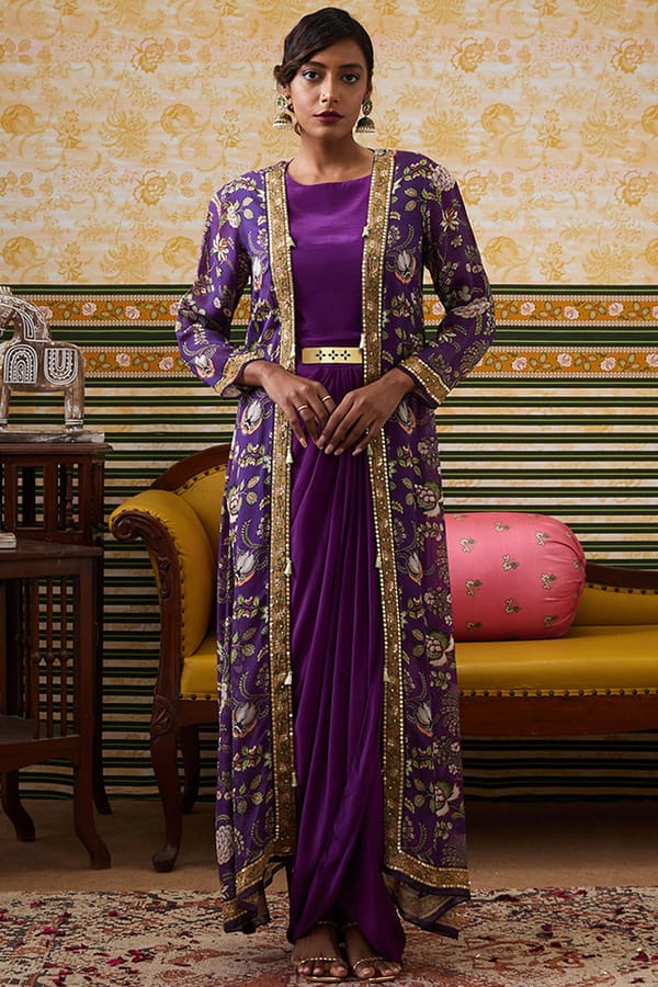 Mehr Printed Drape Dress With Jacket — SOUP by Sougat Paul
