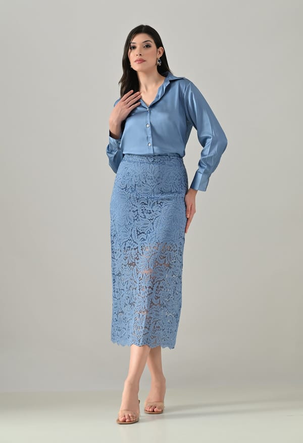 Blue Satin Shirt and Lace Midi Skirt Co-ord Set — ANYSA