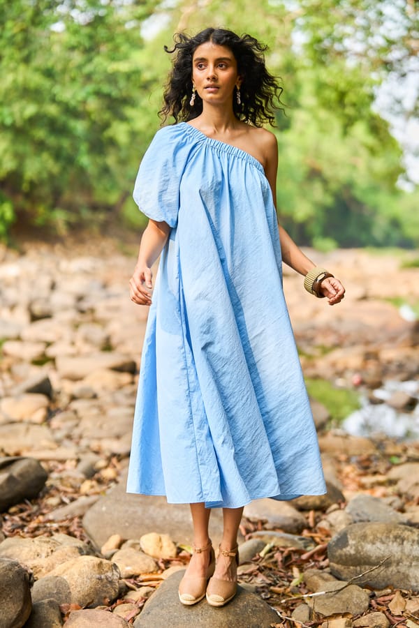 Sky Blue One-Shoulder A-Line Midi Dress with Pockets — Dash and Dot
