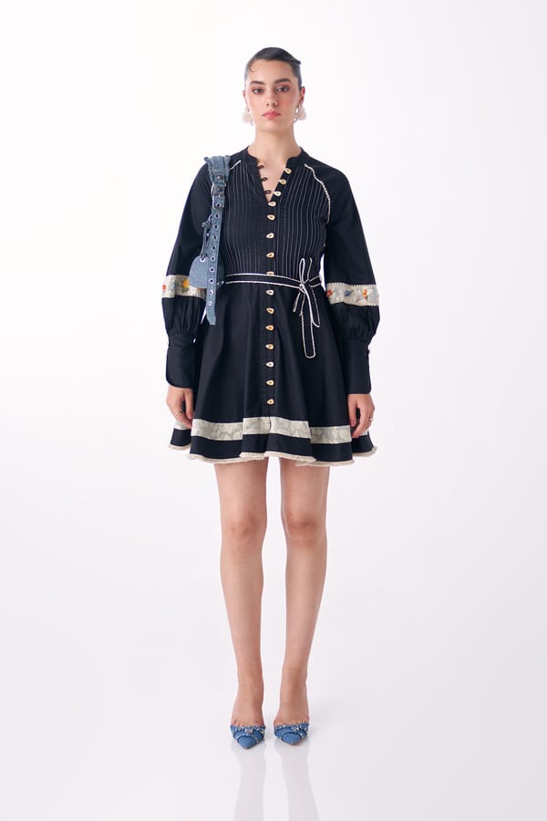 Black Cotton Satin Fit and Flare Mini Dress with Lace Detail — Our Love