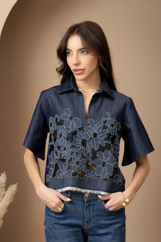 Wren Dark Denim Lace Crop Top — Rhe-Ana