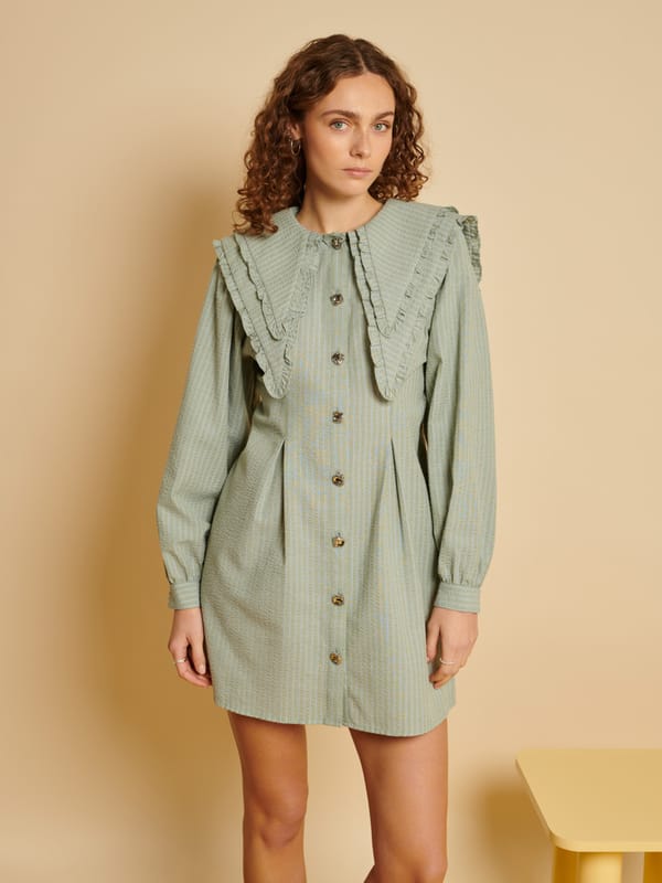 Green Pinstriped Button-Front Mini Dress with Bib Collar — SISTER JANE