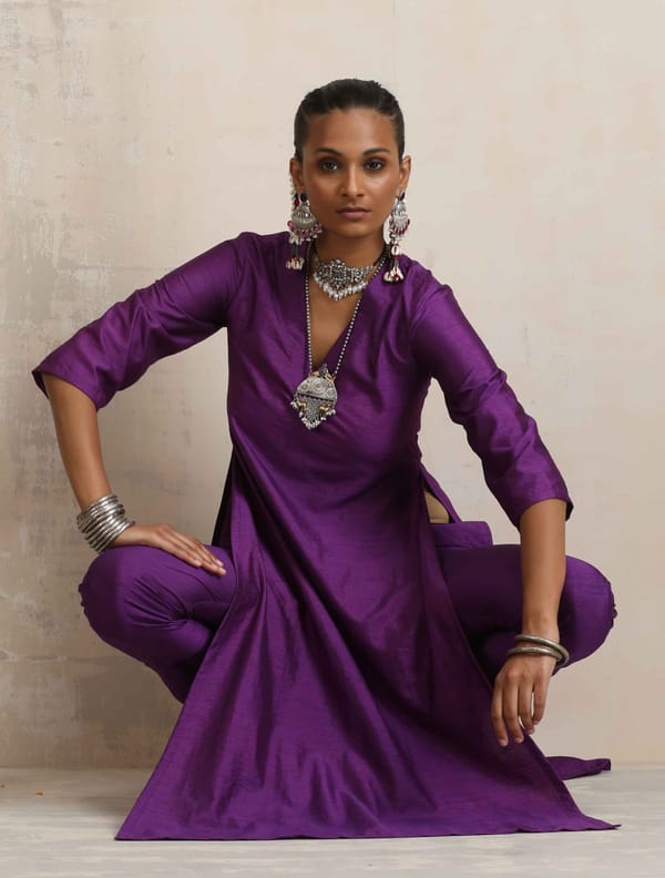 Purple Silk-Blend High Slit Kurta Set with Pants — Truebrowns
