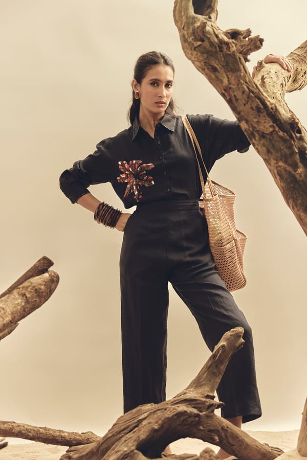 Navy Blue Linen Straight-Leg High-Rise Trousers — Linen Bloom