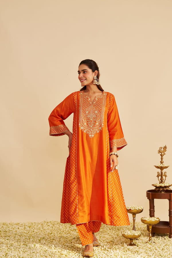 Orange Upada Silk Embroidered Long Kurta Set with Salwar — Sheetal Batra