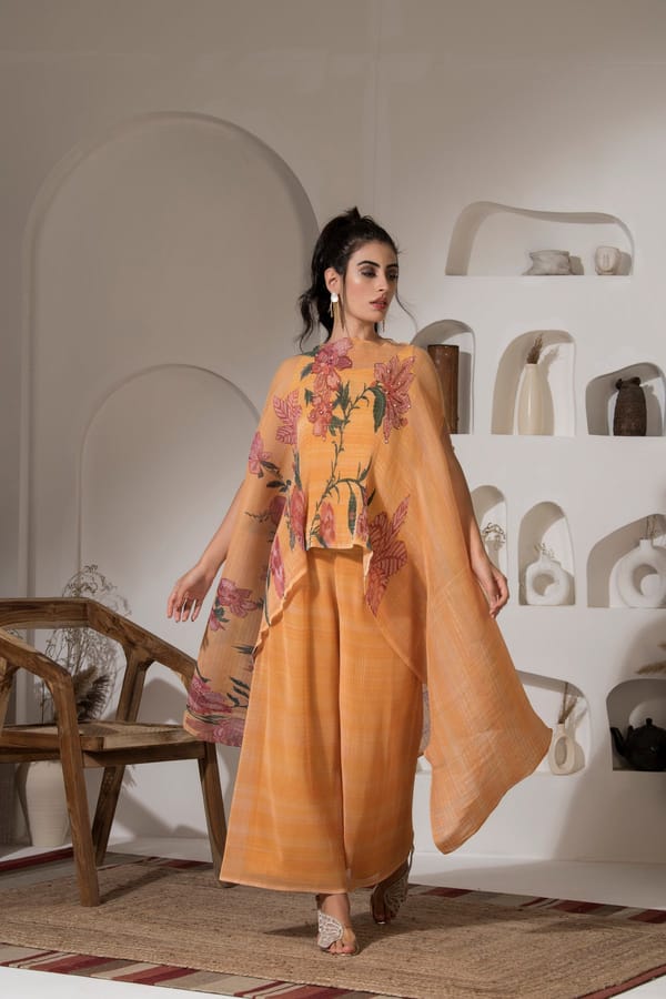 Yellow Floral Lurex Kaftan Kurta Set with Wide-Leg Pants — PREETI MEHTA