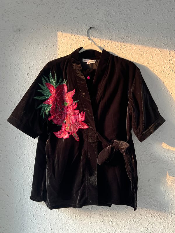 Black Velvet Wrap Kimono Top with Floral Appliqué — THE FINICKY COLORIST