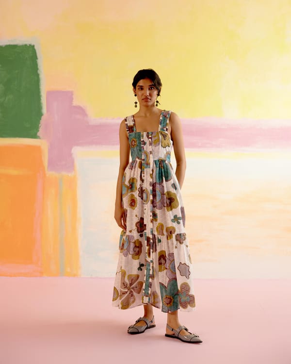 Multicolor Printed Cotton Poplin Tie-Back Tiered Maxi Dress — HAPPI SPACE
