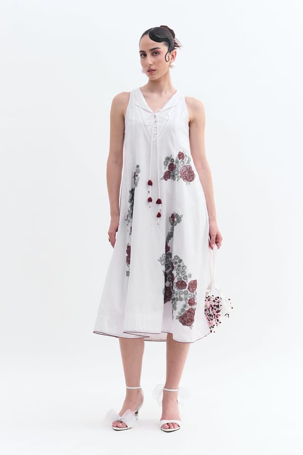 White Cotton Linen Midi Dress with Floral Embroidery — Our Love