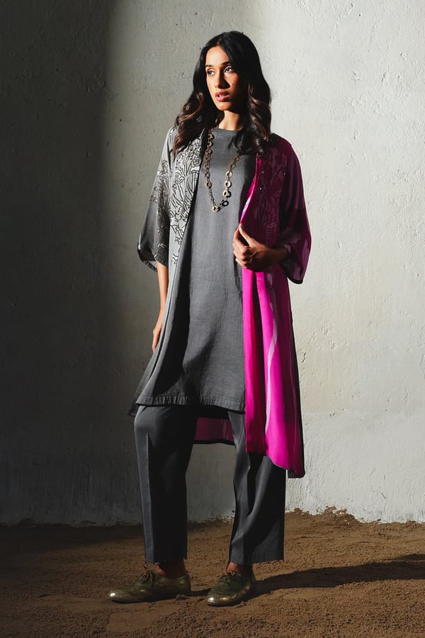 Pink 3-Piece Kurta Set with Colorblocked Jacket — Basil Leaf