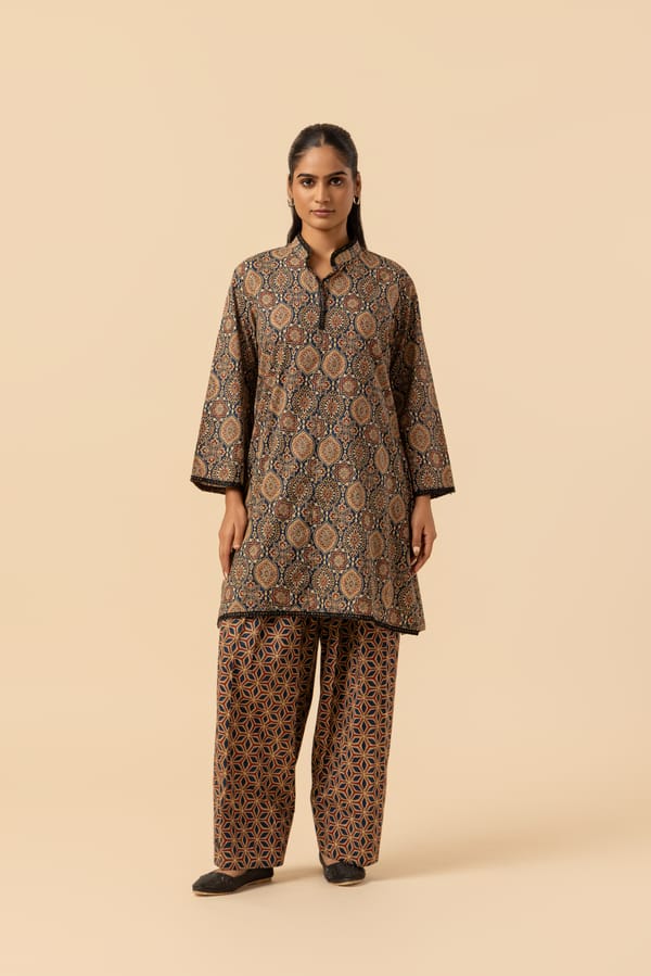 Naseebo Earthen Mirage Ajrakh Printed Farshi Coord Set — Naseebo
