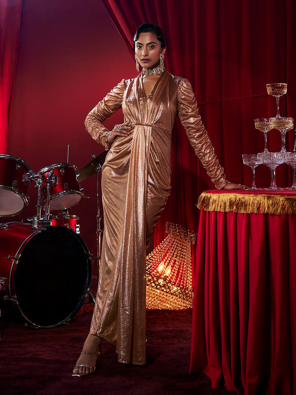 Molten Gold Metallic Ruched Maxi Gown — HOUSE OF FETT