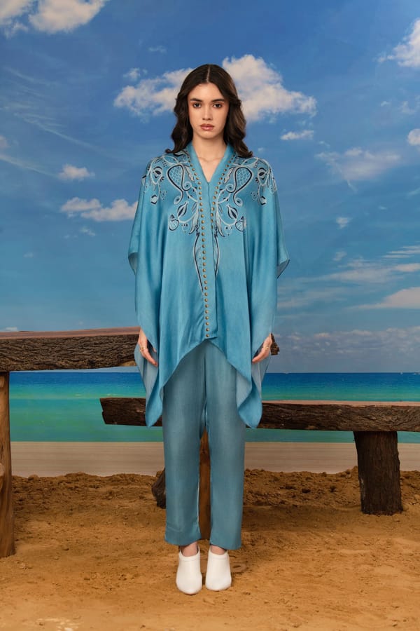Blue Satin Organza Kimono Top Set with Placement Print — ISHA GUPTA TAYAL