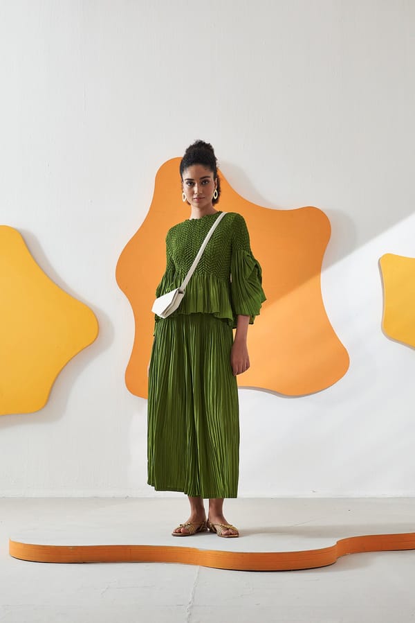 Lime Green Smocked Top and Pleated Skirt Co-ord Set — Pleats by Aruni