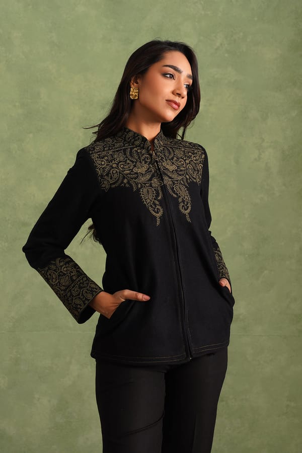 Black Wool-Blend Embroidered Zip-Front Jacket — INCHING INDIA
