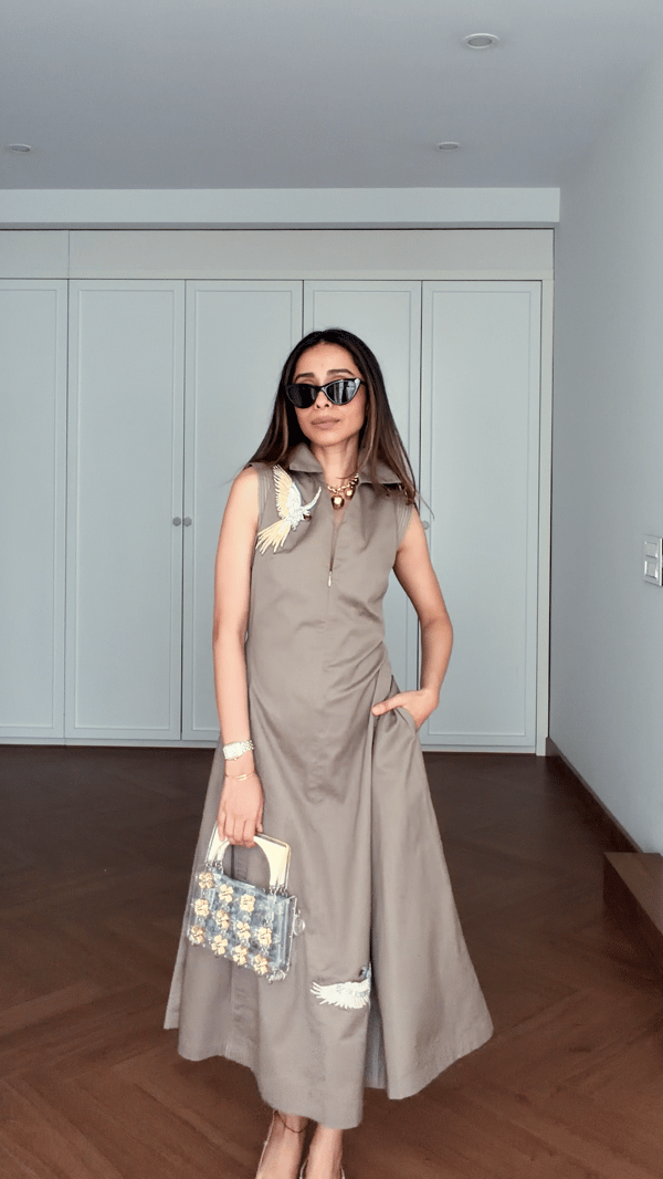Mushroom Cotton Twill Sleeveless Collared Midi Dress — Our Love