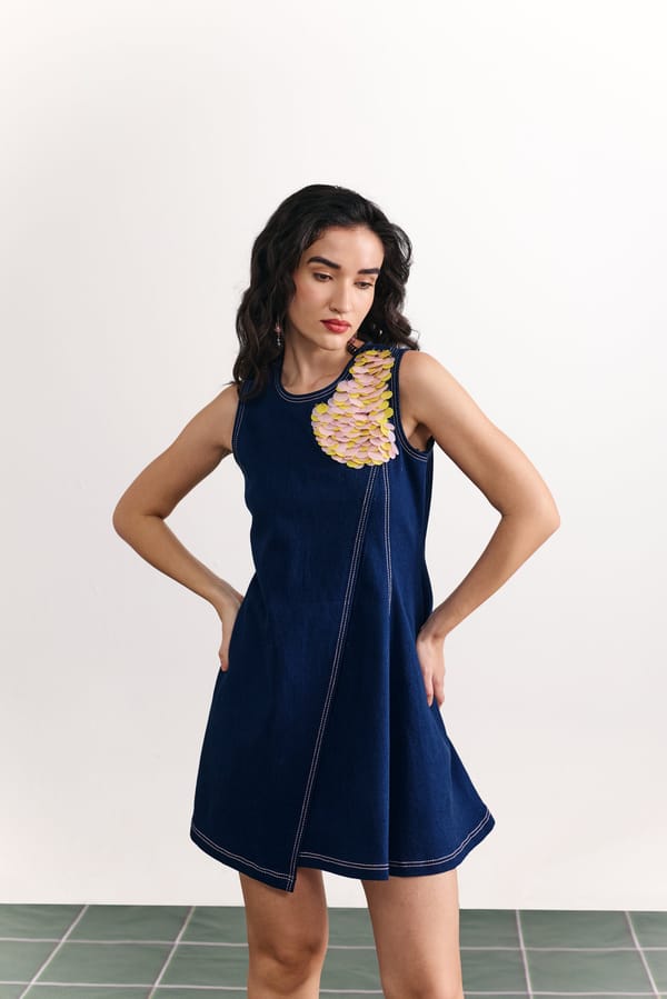 Denim Shoulder Embroidered A-Line Dress — HOUSE OF HEATHER