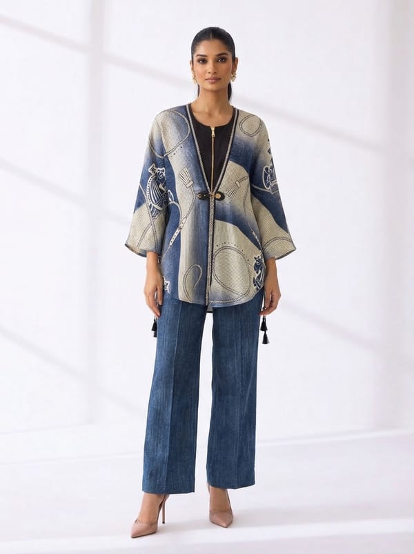 Denim Blue Printed Zip-Front Co-ord Set with Wide-Leg Pants — Kamaali Pret