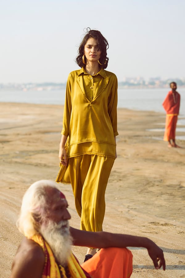 Mustard Inverted Pleat Tapered Trousers — Dash and Dot
