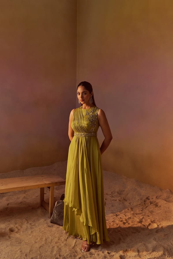Yellowish Green Chiffon Maxi Gown with Handwork and Belt — QUNIC