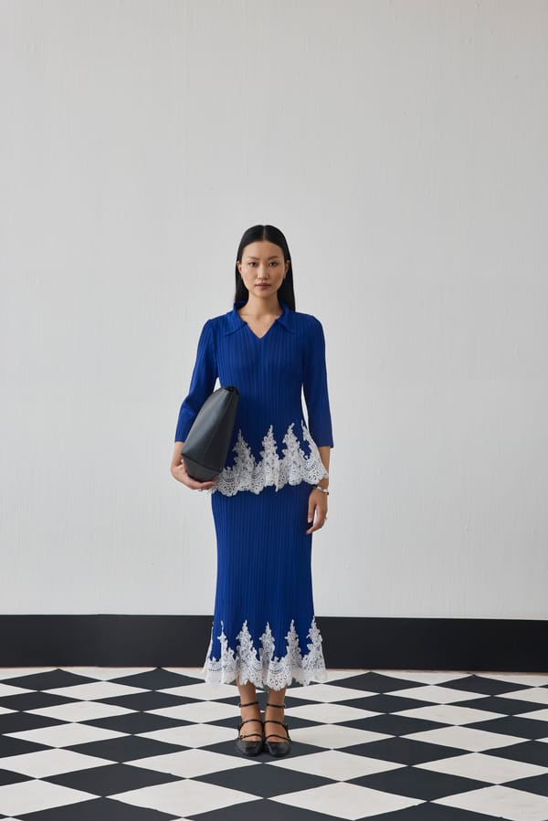 Blue Pleated Top and Midi Skirt Co-ord Set with Lace Hem — Pleats by Aruni