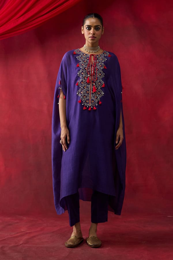 Purple Silk Chanderi Embroidered Kaftan Set with Slip — Shikha Mehta