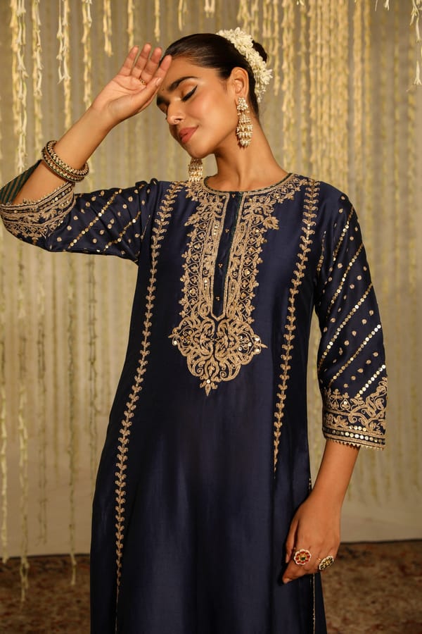 Deep Blue A-Line Kurta Set with Palazzo and Dupatta — Sheetal Batra