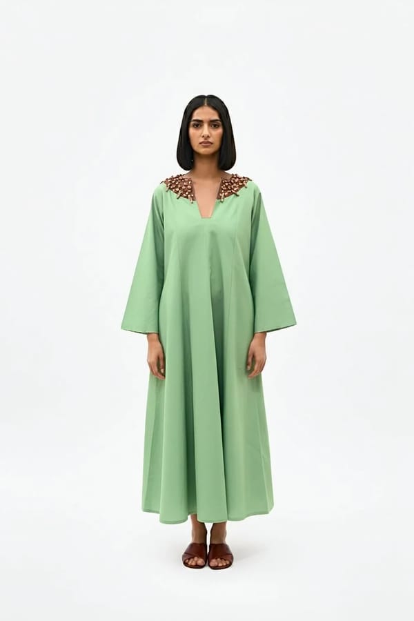 Asparagus Green Beaded Neck A-Line Maxi Dress — Neora
