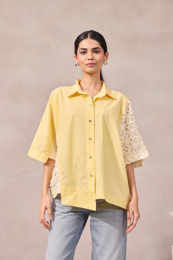 Pastel Green Boxy Cotton Poplin Shirt with Cutwork Inlay — 63East