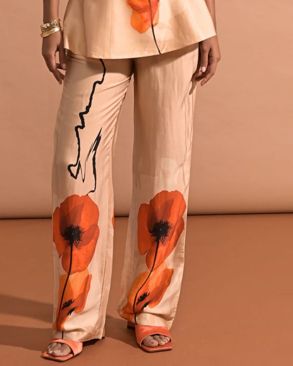 Beige Modal Satin Wide-Leg Floral Printed Trousers — Missy Co.