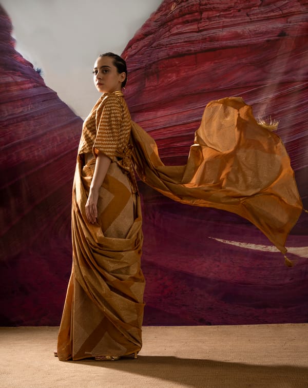 Gold Mustard Hand Block Printed Kota Saree with Blouse Fabric — Banana Labs