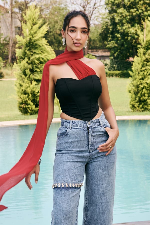 Black Corset Top with Red Wrap Scarf Detail — Lea Clothing