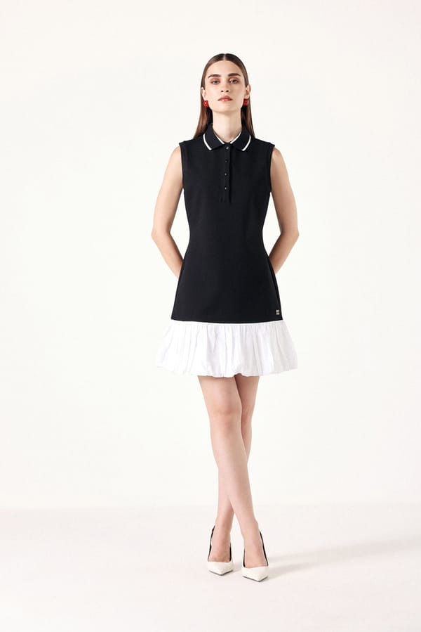Black Polo Collar Mini Dress with White Bubble Hem — Muvazo