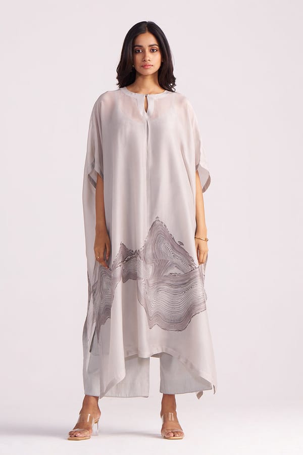 Ash Grey Silk Kaftaan Co-ord Set with Wide-Leg Pants — Ganga Fashions Pvt Ltd