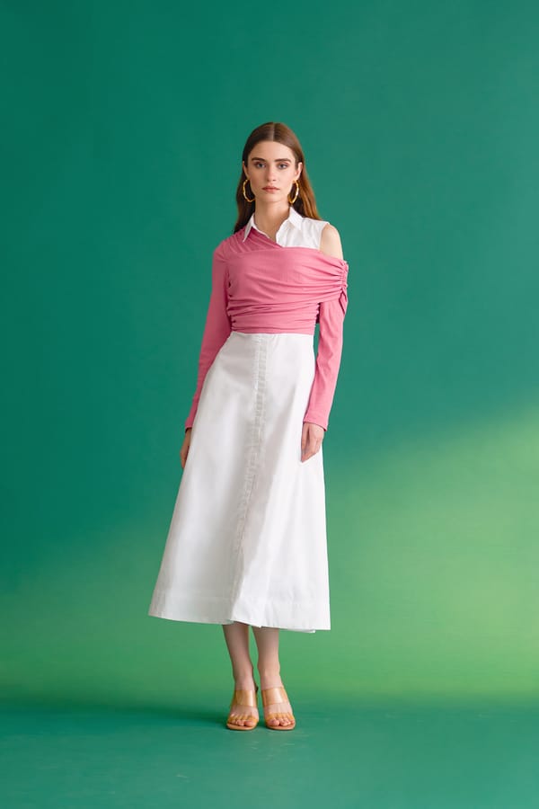 White and Pink Colorblock One-Shoulder Midi Dress — NOTEBOOK